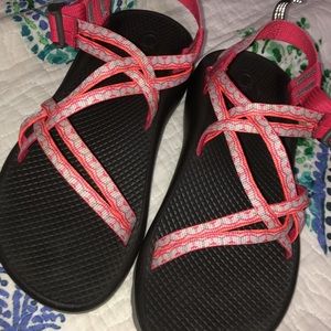Pink and White Chacos